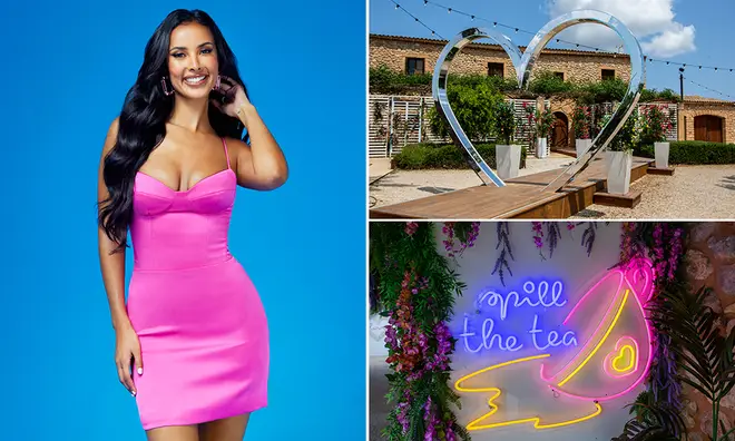 Maya Jama wearing a hot pink dress alongside the entrance to the villa and a statement neon sign