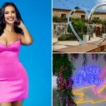 Maya Jama wearing a hot pink dress alongside the entrance to the villa and a statement neon sign