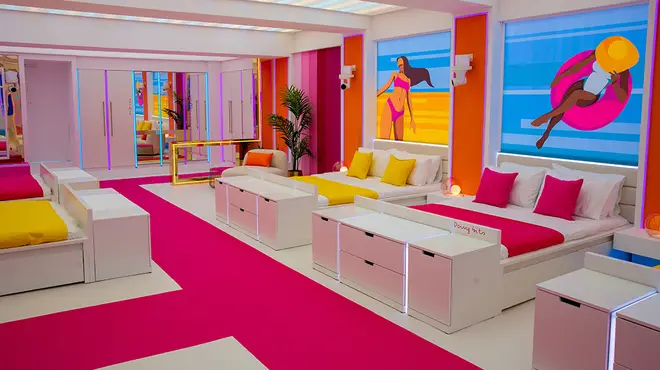 Love Island bedroom completely with pink and yellow decor