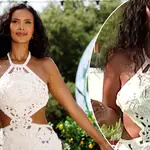 Maya Jama wears white cut out crochet dress while walking into the Love Island villa