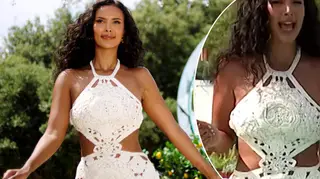 Maya Jama wears white cut out crochet dress while walking into the Love Island villa