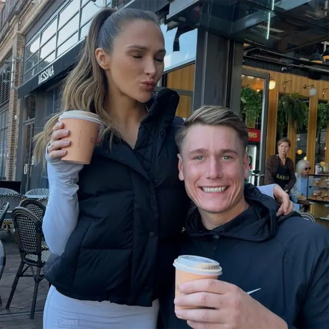 Love Island's Will and Jessie drinking coffee in Sydney