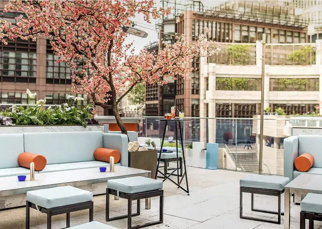 The restaurant is covered in cherry blossoms