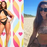 Love Island Charlotte Sumner's official shot wearing a black wrap bikini alongside her on a beach in a leopard print bikini