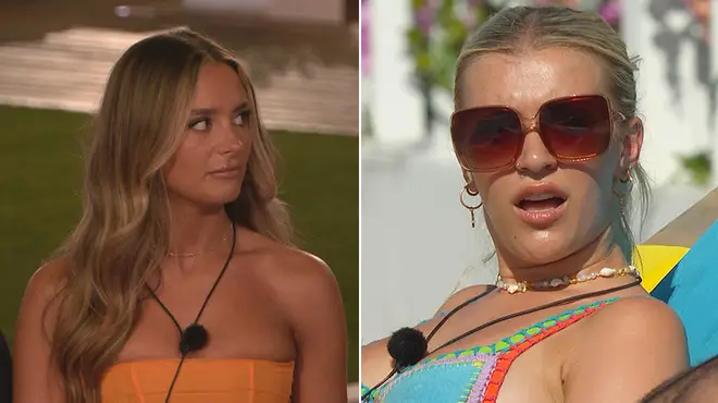 Love Island's Leah Taylor wearing an orange dress giving side eye alongside a picture of Molly Marsh gasping