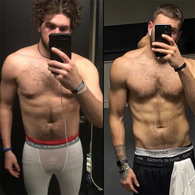 Zachariah Noble before and after pictures. In one he is wearing white trunks taking a selfie and in the second black trunks where he has a six pack