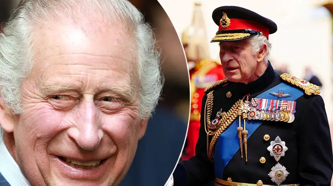 King Charles smiling while wearing a suit alongside a picture of him in military uniform