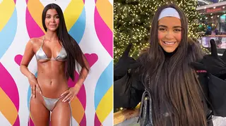 Love Island's Mal Nicol in a skimpy silver bikini alongside Christmas picture of her on an ice rink wearing a grey head band