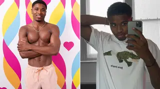 Love Island new bombshell Montel McKenzie in pink trunks alongside picture of him taking a mirror selfie in white t-shirt