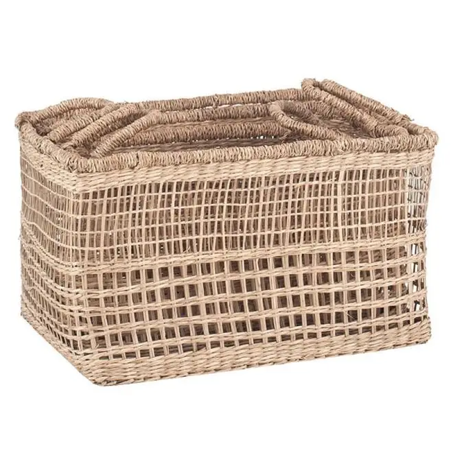 Set of 3 Open Weave Seagrass Oblong Handled Baskets