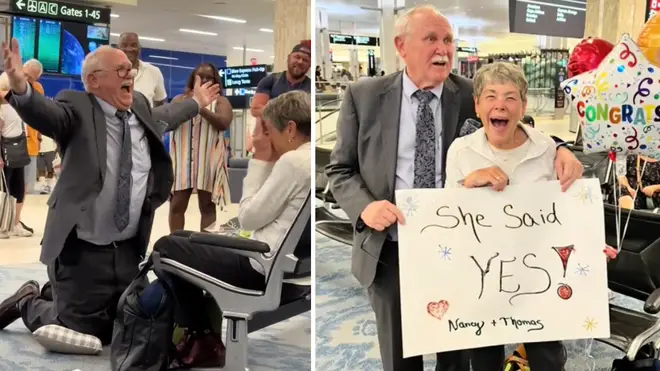 Man surprises high school sweetheart with proposal after  rekindling romance 60 years on