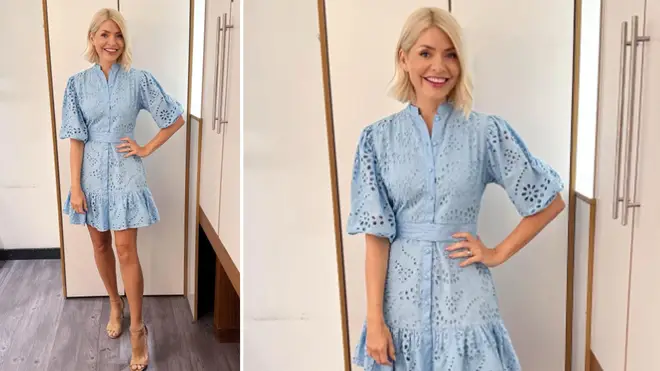 Holly Willoughby is wearing a blue dress from Karen Millen