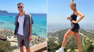 Love Island's Lana Jenkins and Ron Hall on separate holidays. Ron is wearing a grey co ord on the beachw hile Lana wears bodysuit in LA
