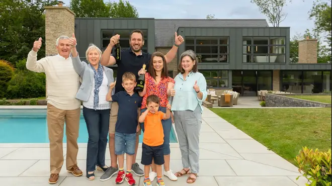 Will and Carrie are joined by their two sons and their parents as they celebrate winning the Omaze house