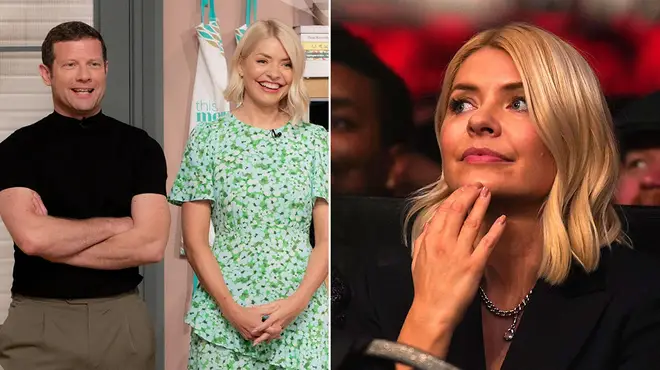 Holly Willoughby presenting This Morning with Dermot O'Leary wearing a green printed dress