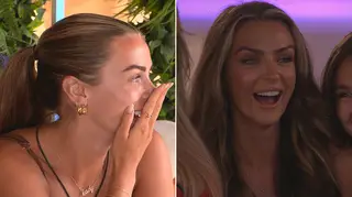 Kady McDermott on Love Island with her hand over her mouth in shock and smiling as she partakes in movie night