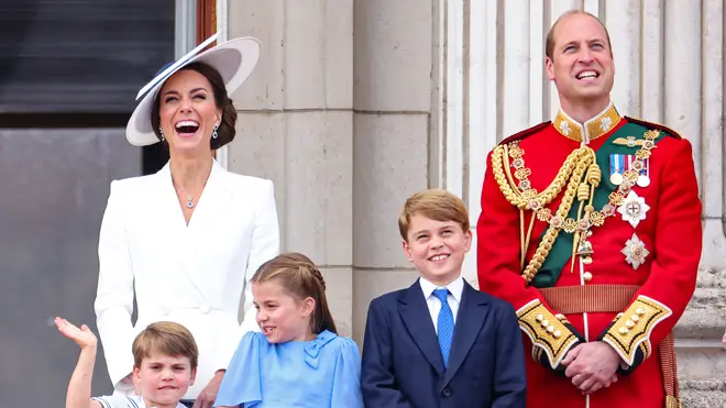 The Prince and Princess of Wales with their children Prince George, Princess Charlotte and Prince Louis at the Trooping the Colour parade, 2022