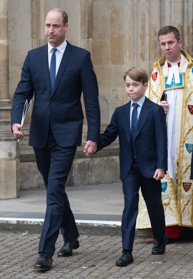 Prince William and Prince George pictured leaving Westminster Abbey following the memorial service for the Duke Of Edinburgh, 2022
