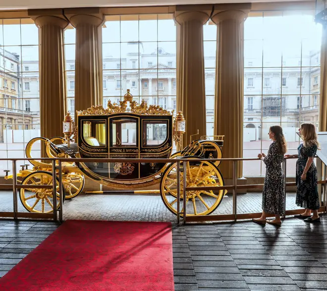 The Diamond Jubilee State Coach, which took King Charles and Queen Camilla to Westminster Abbey on the day of the Coronation, pictured in place at the special display