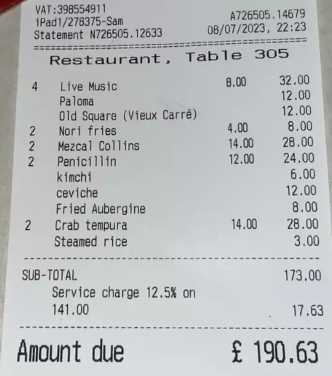 A Reddit user has shared a restaurant bill