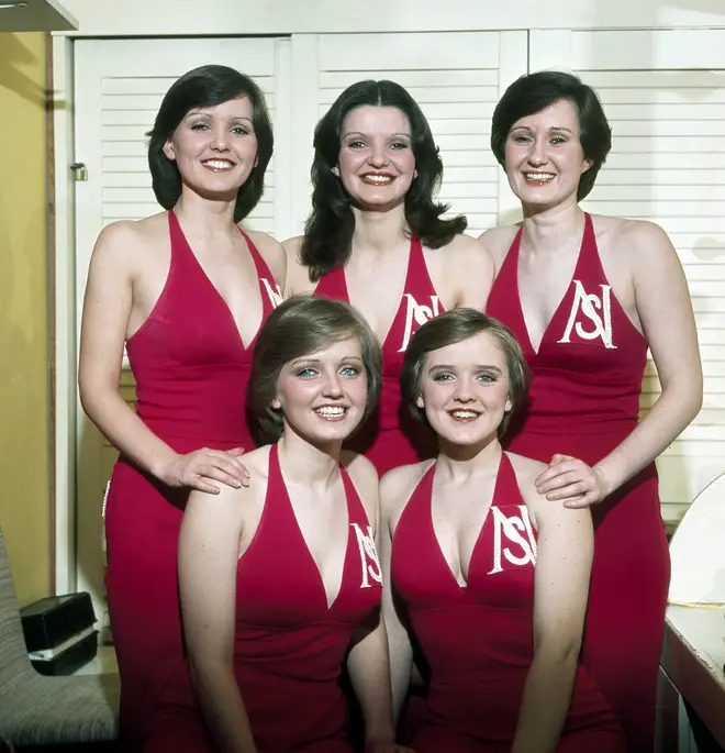 Anne Nolan (middle top row) is pictured with her sisters Maureen, Bernadette, Linda and Denise in 1981