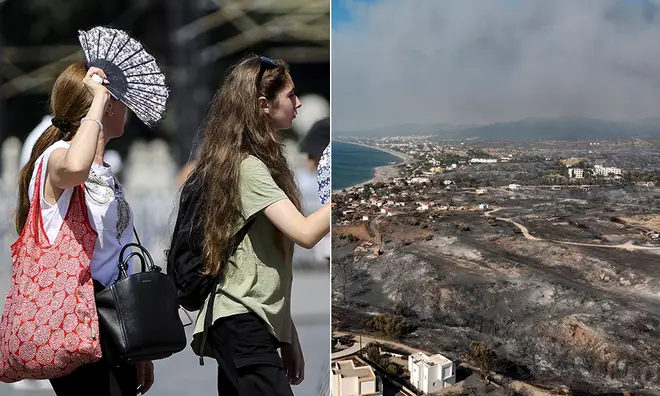 Women walking and hold fans to protect themselves from the sun alongside a picture of Greece and the wildfires
