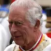 King Charles smirking while wearing his royal regalia