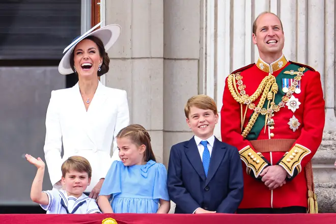 Prince William and Kate Middleton with their children Prince George, Princess Charlotte and Prince Louis at Queen Elizabeth II's Platinum Jubilee, 2022