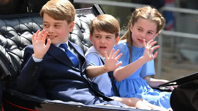 Prince George, Princess Charlotte and Prince Louis pictured at Queen Elizabeth II's Platinum Jubilee celebrations, 2022