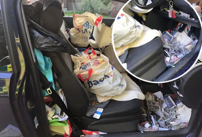 Police have released images of "Britain&squot;s messiest car" after the driver failed to find the handbrake amongst the rubbish, causing a crash.