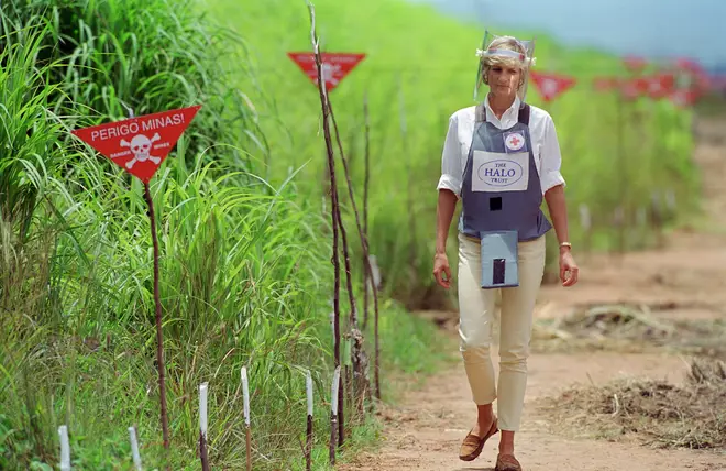 Diana, Princess of Wales, famously pictured in 1997 walking through an active minefield in Angola