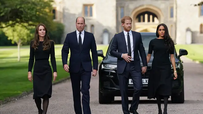 Kate Middlen, Prince William, Prince Harry and Meghan Markle meet with well-wishers following the Queen's death at Windsor Castle, 2022