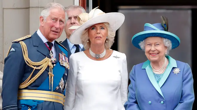 King Charles III, Queen Camilla and the late Queen Elizabeth II pictured on the balcony of Buckingham Palace, 2018