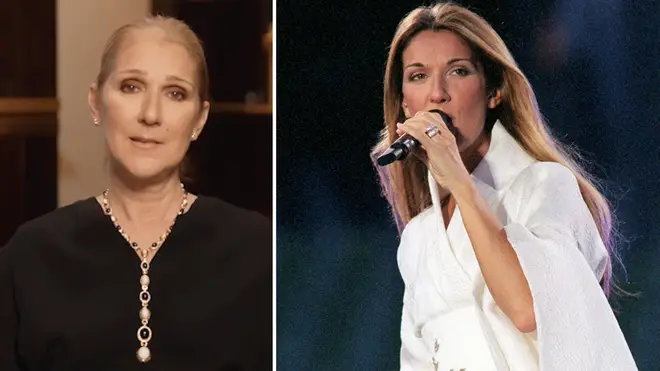 Celine Dion singing and a picture of her now