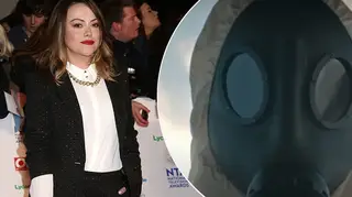 Sian Reese-Williams wearing a black suit and white shirt at the NTAs alongside a picture of a man in a mask from Wolf