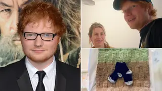 Ed Sheeran wearing his glasses and a black blazer and tie alongside a picture of his wife Cherry Seaborn and a tiny pair of socks for their daughter