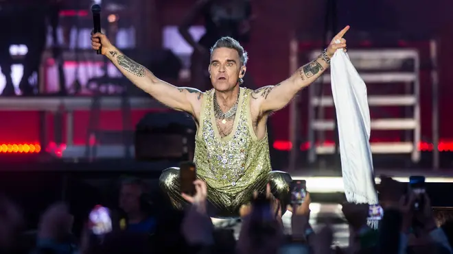 Robbie Williams performs at the Heartland Festival in Kvaerndrup, Denmark, 2023