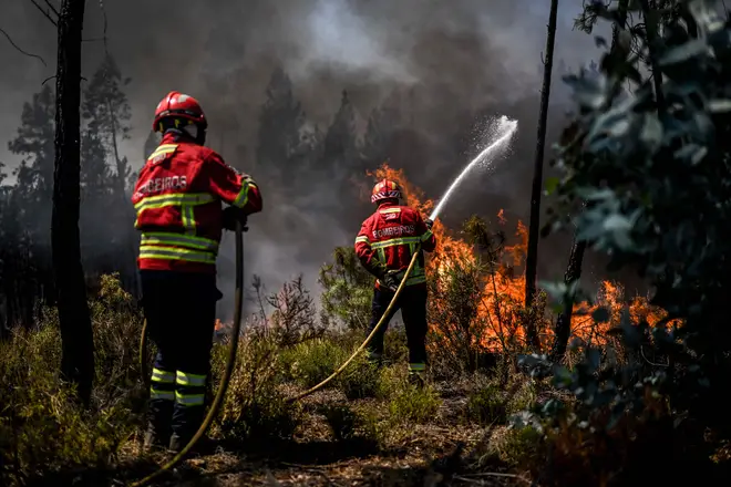 Firefighters battle a wildfire in Carrascal, Proenca a Nova on August 6, 2023