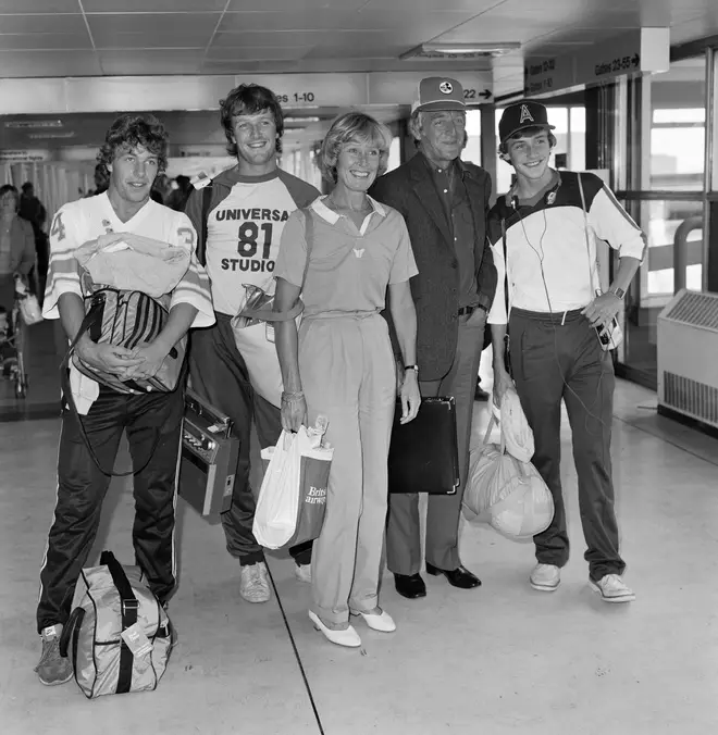 Michael Parkinson pictured at Heathrow airport with his wife Mary and their three children Michael, Nicholas and Andrew, 1981