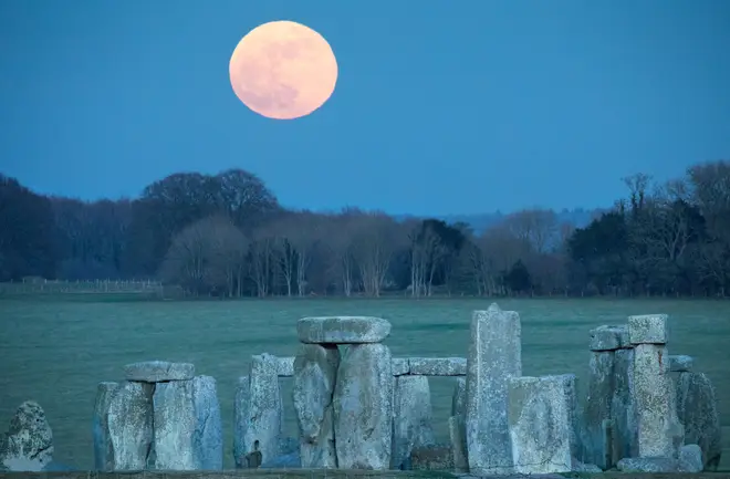 A Super Blue Moon rises over Stonehenge, UK