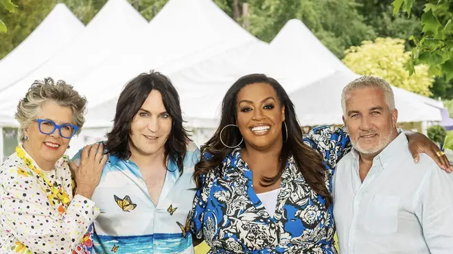 Prue Leith, Noel Fielding, Alison Hammond and Paul Hollywood stand outside the Bake Off tent