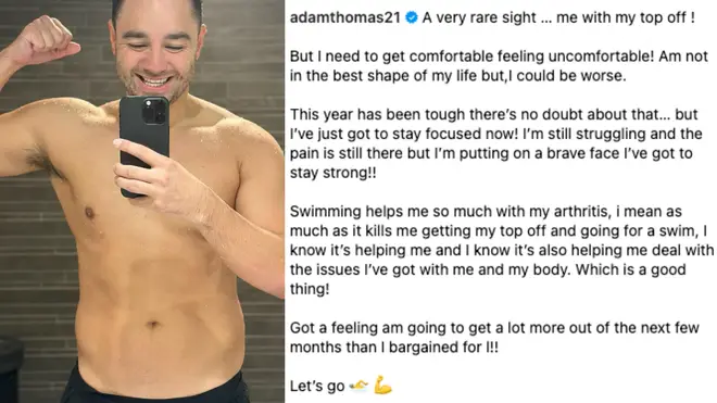Adam Thomas poses after visiting the swimming pool amid his health battle
