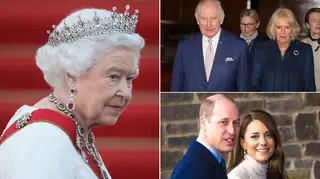 Queen Elizabeth wearing her regal jewellery and crown alongside a picture of King Charles, Queen Camilla, Kate Middleton and Prince William