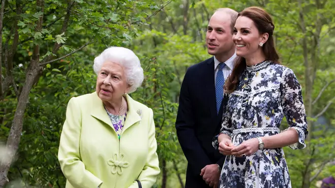 The late Queen Elizabeth II, Prince William and Princess Kate Middleton pictured at the Chelsea Flower Show, 2019