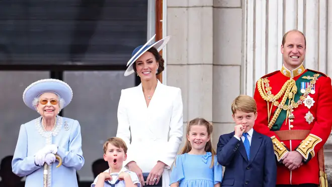 Queen Elizabeth II, Prince William, Princess Kate Middleton, Prince George, Princess Charlotte and Prince Louis pictured on the balcony of Buckingham Palace for the Platinum Jubilee, 2022