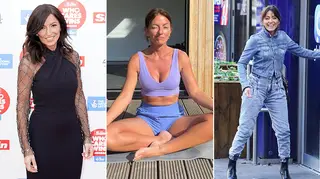 Davina McCall dressed up on the red carpet as well as her doing yoga in purple gym wear and her dressed in full denim