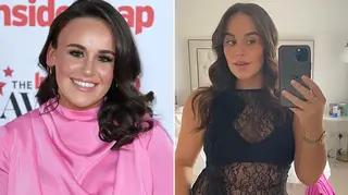 Ellie Leach smiling on the red carpet at the Inside Soap Awards alongside a selfie picture where she wears a black lace top that's see-through.