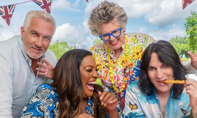 Alison Hammond, Noel Fielding, Paul Hollywood and Prue Leith laughing in GBBO