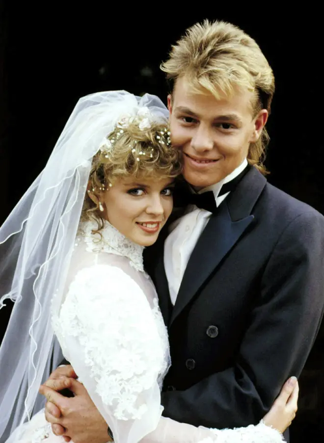 Kylie Minogue began her career on Neighbours. Pictured here in 1987 with Jason Donovan.
