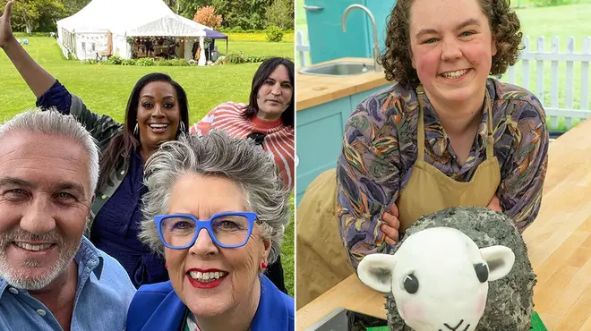 The Great British Bake Off judges taking a selfie in front of the tent next to a picture of a contestant with her sheep animal cake